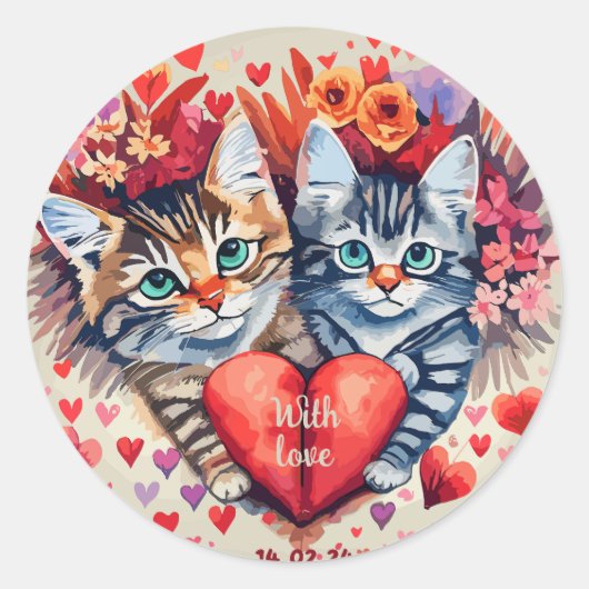 Waterverf katten met hart ronde sticker (Voorkant)