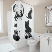 Waterverf katten, zwarte kat, minimaal, zwart en w douchegordijn (In situ)