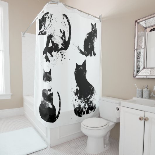 Waterverf katten, zwarte kat, minimaal, zwart en w douchegordijn (In situ)