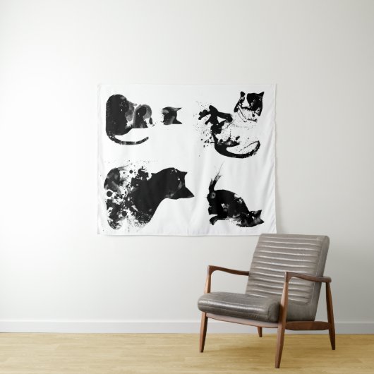 Waterverf katten, zwarte kat, minimaal, zwart en w wandkleed (In Situ (horizontaal))