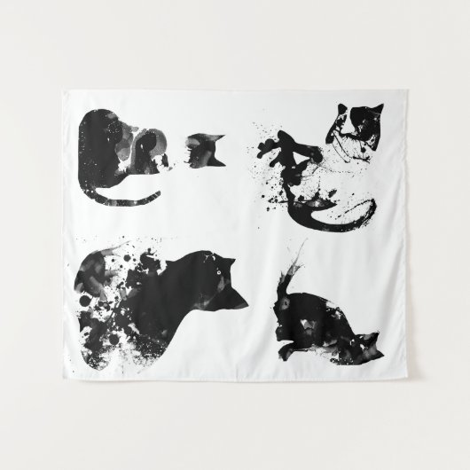 Waterverf katten, zwarte kat, minimaal, zwart en w wandkleed (Voorkant (horizontaal))
