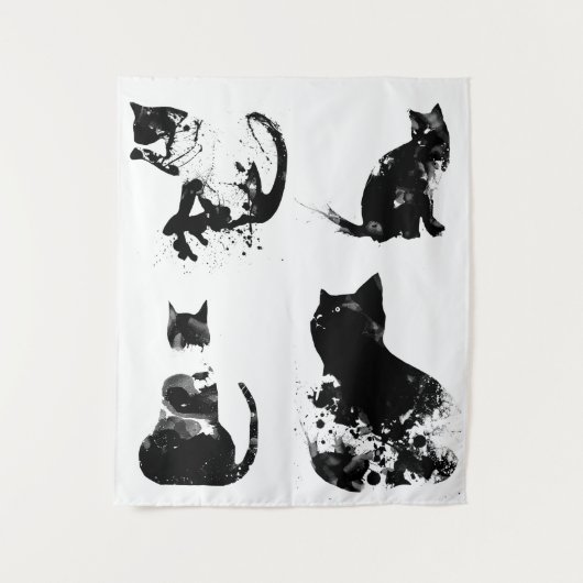 Waterverf katten, zwarte kat, minimaal, zwart en w wandkleed (Voorkant)