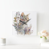 WATERVERF KATTENGEZICHT EN  BLOEMEN VIERKANTE KLOK (Huis)