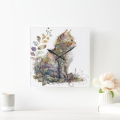 WATERVERF KATTENGEZICHT EN  BLOEMEN VIERKANTE KLOK (Huis)