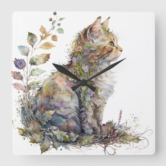 WATERVERF KATTENGEZICHT EN  BLOEMEN VIERKANTE KLOK (Voorkant)