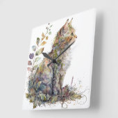 WATERVERF KATTENGEZICHT EN  BLOEMEN VIERKANTE KLOK (Hoek)