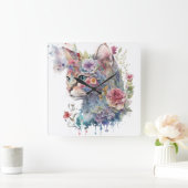 WATERVERF KATTENGEZICHT EN  BLOEMEN VIERKANTE KLOK (Huis)