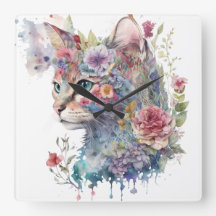 WATERVERF KATTENGEZICHT EN BLOEMEN