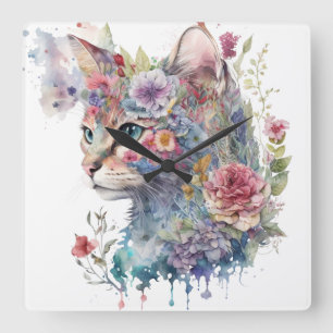 WATERVERF KATTENGEZICHT EN  BLOEMEN VIERKANTE KLOK