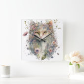 WATERVERF KATTENGEZICHT EN  BLOEMEN VIERKANTE KLOK (Huis)