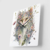 WATERVERF KATTENGEZICHT EN  BLOEMEN VIERKANTE KLOK (Hoek)