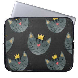 Waterverf kattengezichten, zwart naadloos. laptop sleeve