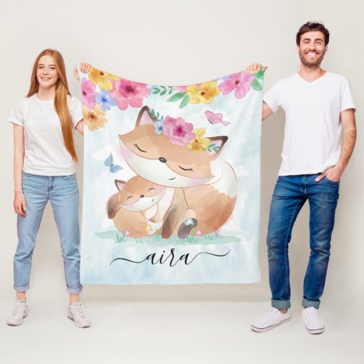 Waterverf Kawaii Fox met bloemen en eigen naam Fleece Deken (In situ)