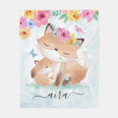 Waterverf Kawaii Fox met bloemen en eigen naam Fleece Deken (Voorkant)