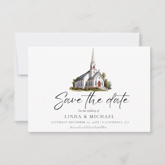Waterverf Kerk Locatie illustratie Huwelijk Save The Date (Voorkant)
