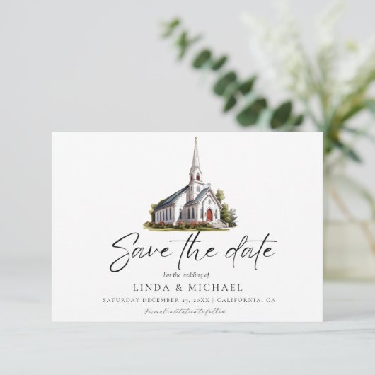 Waterverf Kerk Locatie illustratie Huwelijk Save The Date (Staand voorkant)