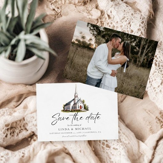 Waterverf Kerk Locatie illustratie Huwelijk Save The Date