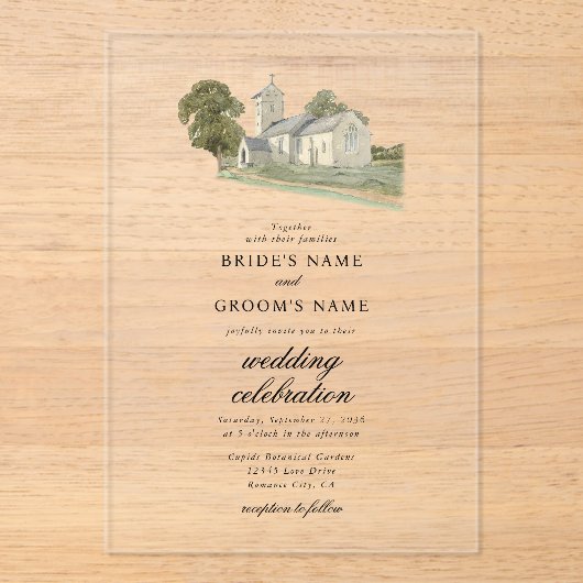 Waterverf Kerk Traditioneel Monogram Huwelijk Acryl Uitnodigingen (Voorkant)