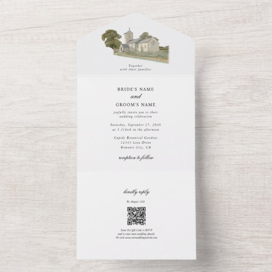 Waterverf Kerk Traditioneel Monogram Huwelijk All In One Uitnodiging (Binnen)