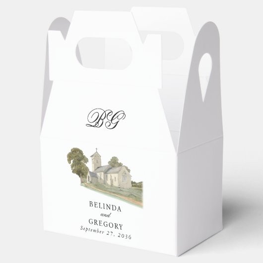 Waterverf Kerk Traditioneel Monogram Huwelijk Bedankdoosjes (Geopend)