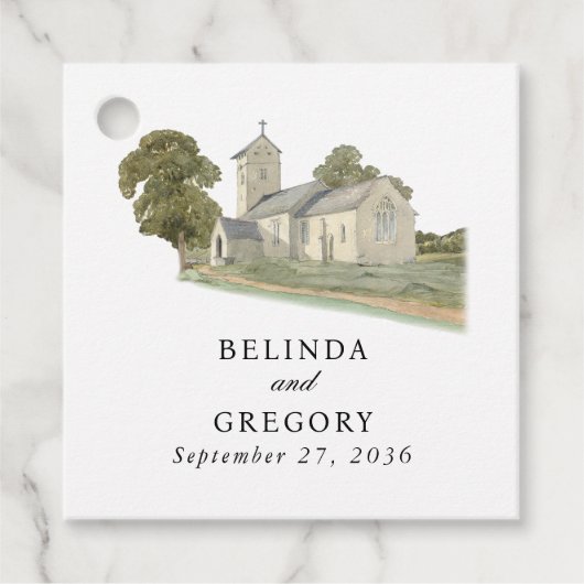 Waterverf Kerk Traditioneel Monogram Huwelijk Bedankjes Labels (Voorkant)
