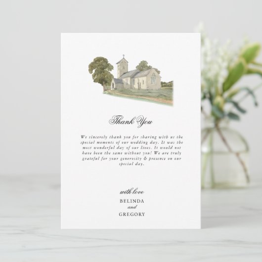 Waterverf Kerk Traditioneel Monogram Huwelijk Bedankkaart (Staand voorkant)