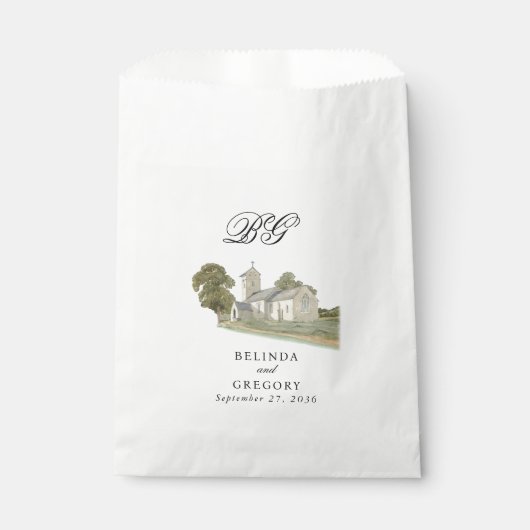 Waterverf Kerk Traditioneel Monogram Huwelijk Bedankzakje (Voorkant)
