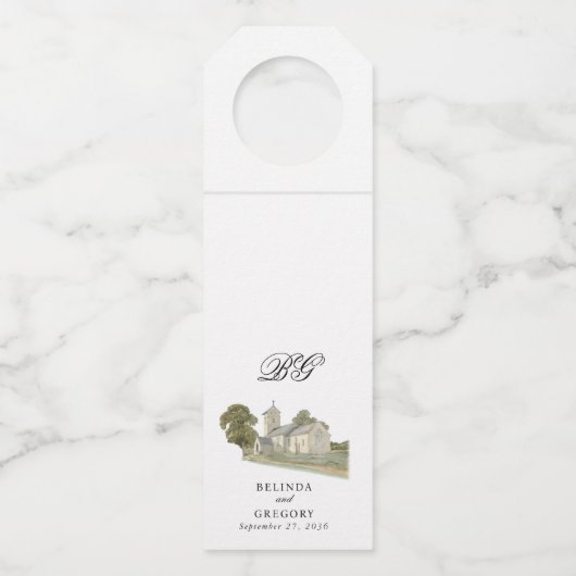 Waterverf Kerk Traditioneel Monogram Huwelijk Flessenhanger (Voorkant)