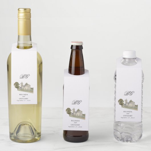 Waterverf Kerk Traditioneel Monogram Huwelijk Flessenhanger (In situ)