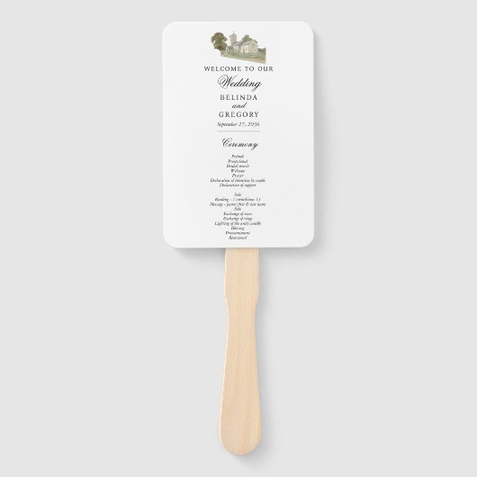 Waterverf Kerk Traditioneel Monogram Huwelijk Handwaaier (Voorkant)