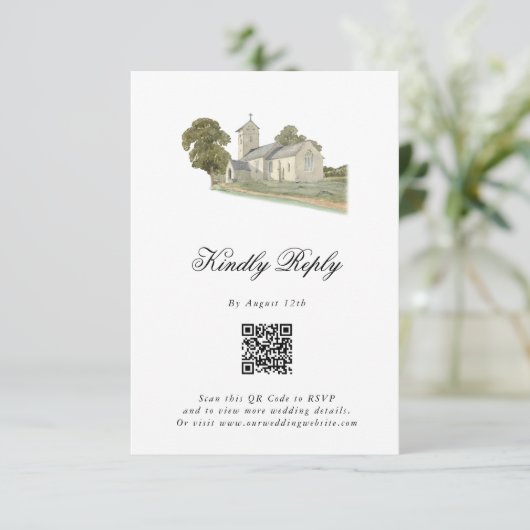 Waterverf Kerk Traditioneel Monogram Huwelijk Informatiekaartje (Staand voorkant)