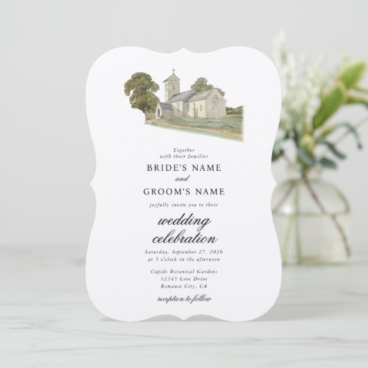 Waterverf Kerk Traditioneel Monogram Huwelijk Kaart (Staand voorkant)