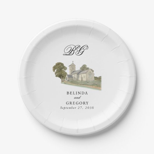 Waterverf Kerk Traditioneel Monogram Huwelijk Papieren Bordje (Voorkant)