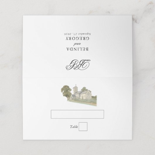 Waterverf Kerk Traditioneel Monogram Huwelijk Plaatskaartje (Buitenkant ongevouwen)