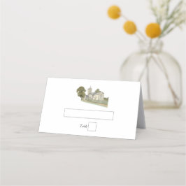 Waterverf Kerk Traditioneel Monogram Huwelijk Plaatskaartje