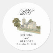 Waterverf Kerk Traditioneel Monogram Huwelijk Ronde Sticker (Voorkant)