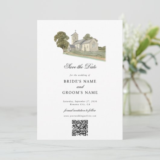 Waterverf Kerk Traditioneel Monogram Huwelijk Save The Date (Staand voorkant)
