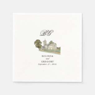 Waterverf Kerk Traditioneel Monogram Huwelijk Servet