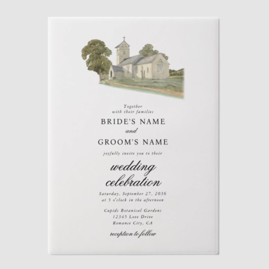 Waterverf Kerk Traditioneel Monogram Huwelijk Vellum Uitnodigingen (Voorkant)