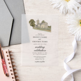 Waterverf Kerk Traditioneel Monogram Huwelijk Vellum Uitnodigingen