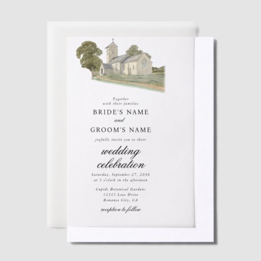 Waterverf Kerk Traditioneel Monogram Huwelijk Vellum Uitnodigingen (Offset)