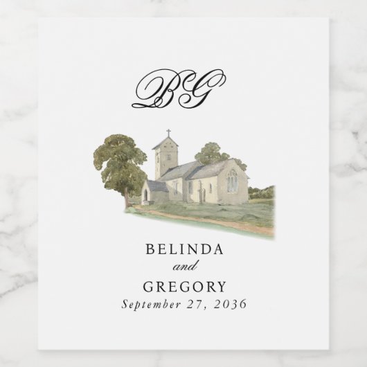 Waterverf Kerk Traditioneel Monogram Huwelijk Wijn Etiket (Enkel label)