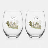 Waterverf Kerk Traditioneel Monogram Huwelijk Wijnglas Zonder Voet (Achterkant)