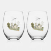 Waterverf Kerk Traditioneel Monogram Huwelijk Wijnglas Zonder Voet (Voorkant)