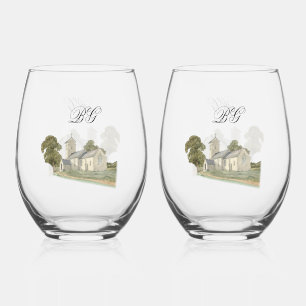 Waterverf Kerk Traditioneel Monogram Huwelijk Wijnglas Zonder Voet