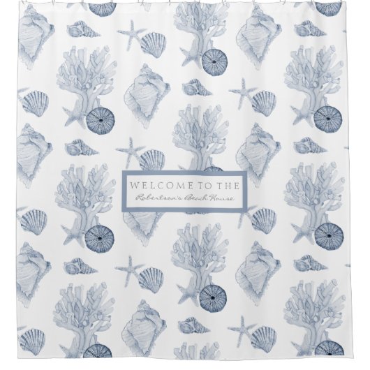 Waterverf Kerkoraal Starfish Blue in White Douchegordijn (Voorkant)