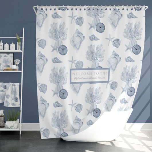 Waterverf Kerkoraal Starfish Blue in White Douchegordijn