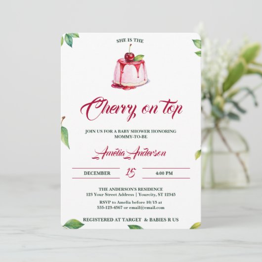 Waterverf Kers Op Top Roze Rood Baby shower Kaart (Staand voorkant)