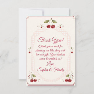 Waterverf Kersen Baby Shower Roze Gingham Bedankkaart