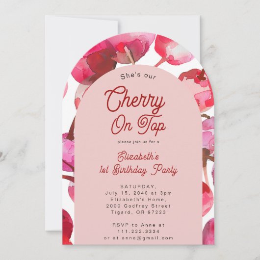 Waterverf kersen op de eerste 1e verjaardagsboog kaart (Voorkant)